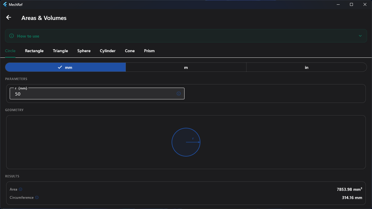 MechRef Areas & Volumes module — circle area and circumference with live diagram