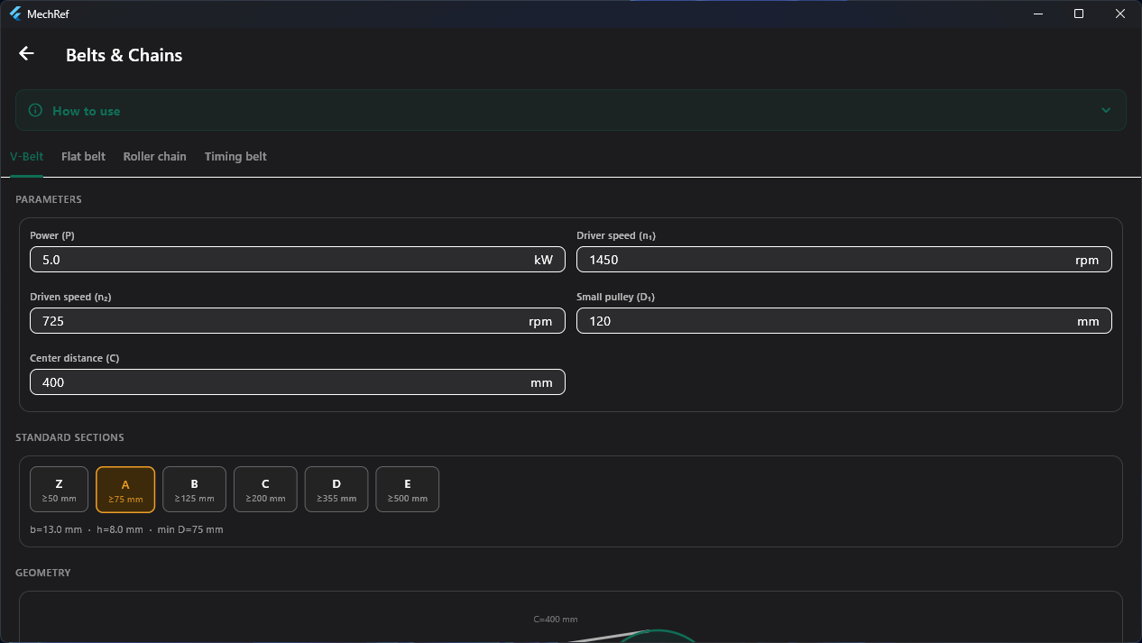 MechRef Belts & Chains module — V-belt drive parameters and standard section selector