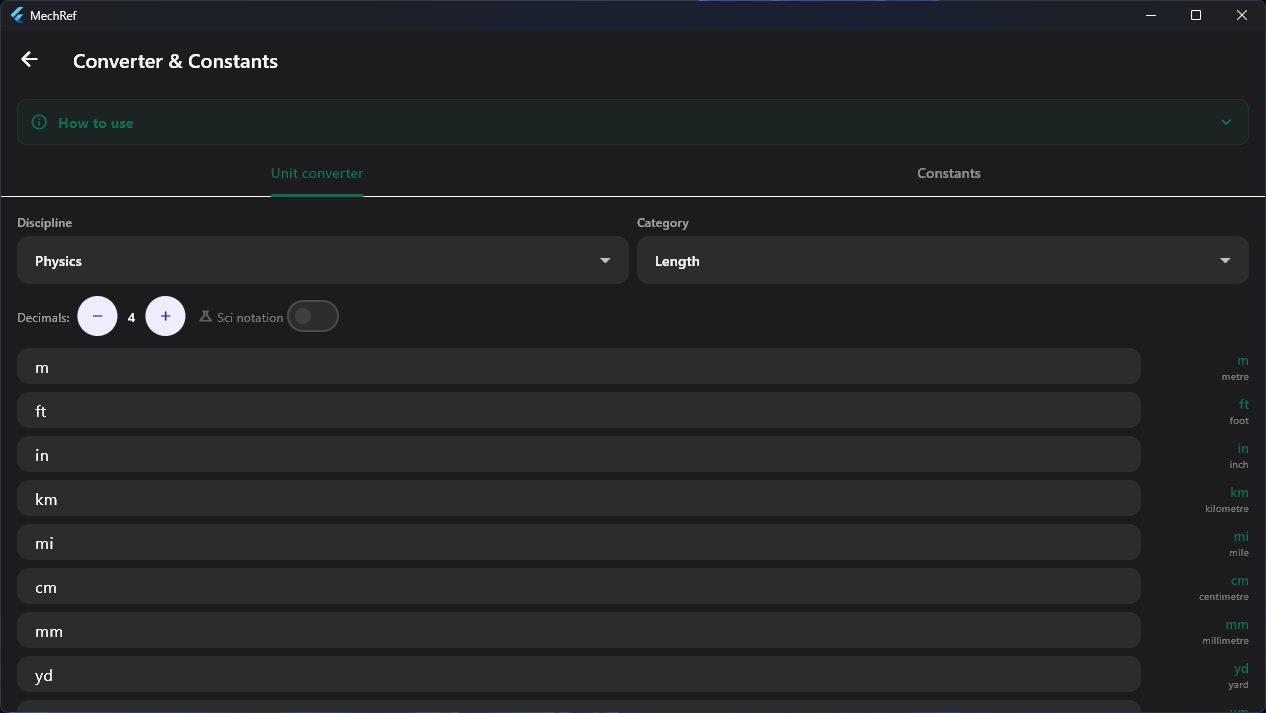 MechRef Converter & Constants module — live length unit conversion across many fields