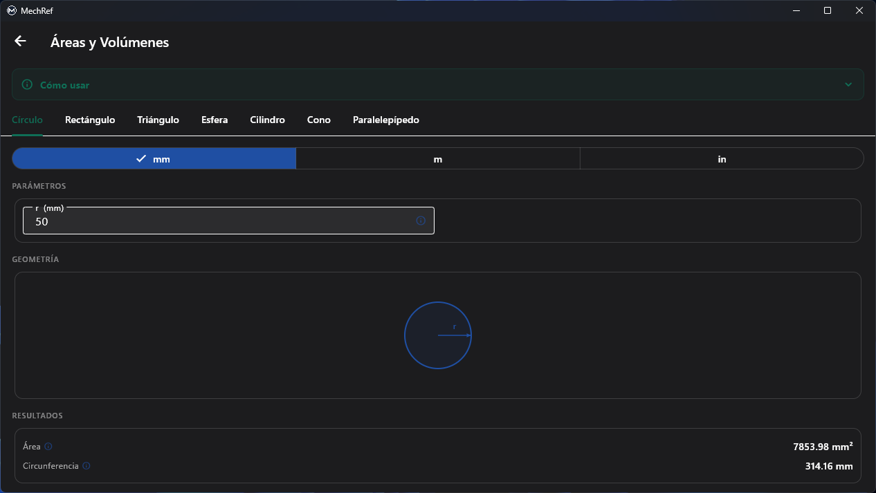 Módulo Áreas y Volúmenes de MechRef — área y circunferencia de un círculo con diagrama en vivo
