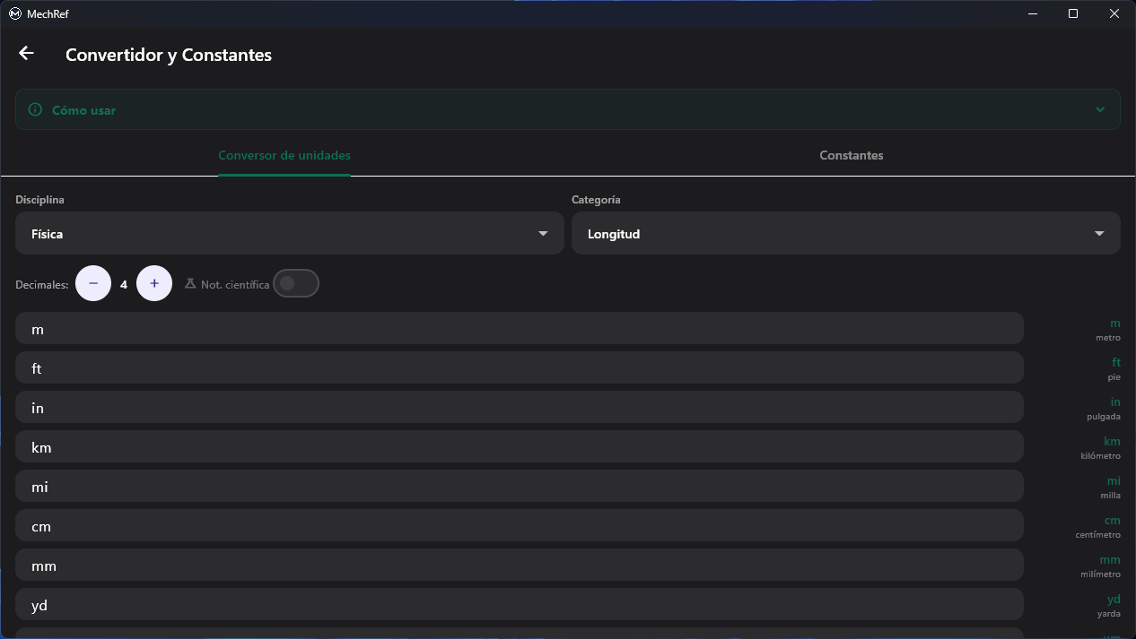 Módulo Convertidor y Constantes de MechRef — conversión de longitud en vivo entre varios campos