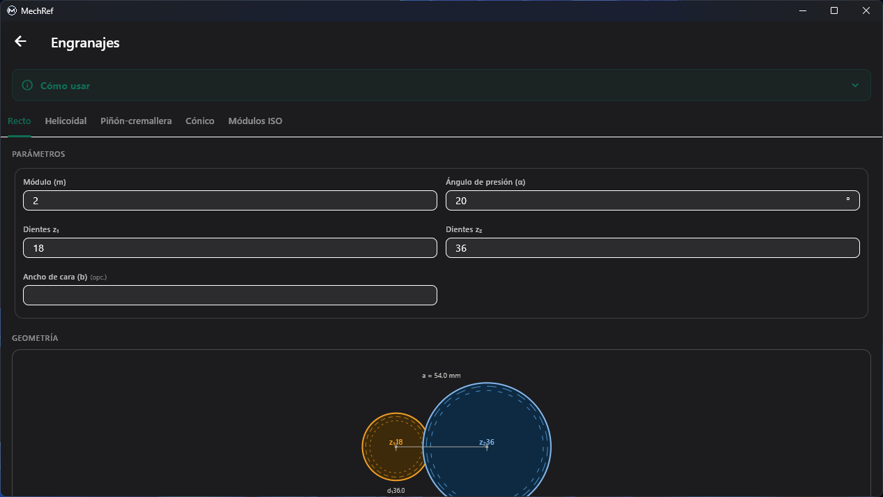 Módulo Engranajes de MechRef — geometría de un par de engranajes rectos con diagrama en vivo