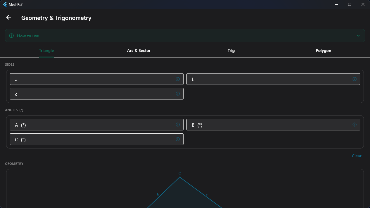 MechRef Geometry & Trigonometry module — triangle solver with sides, angles and diagram