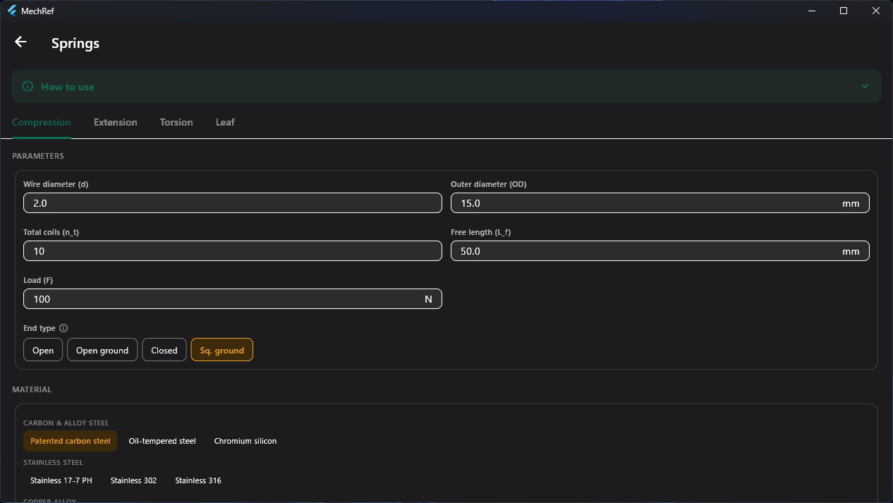 MechRef Springs module — compression spring parameters, end type and material library