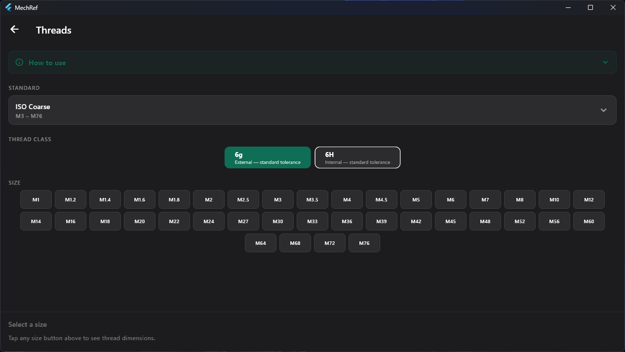MechRef Threads module — ISO Coarse standard, thread class selector and size grid